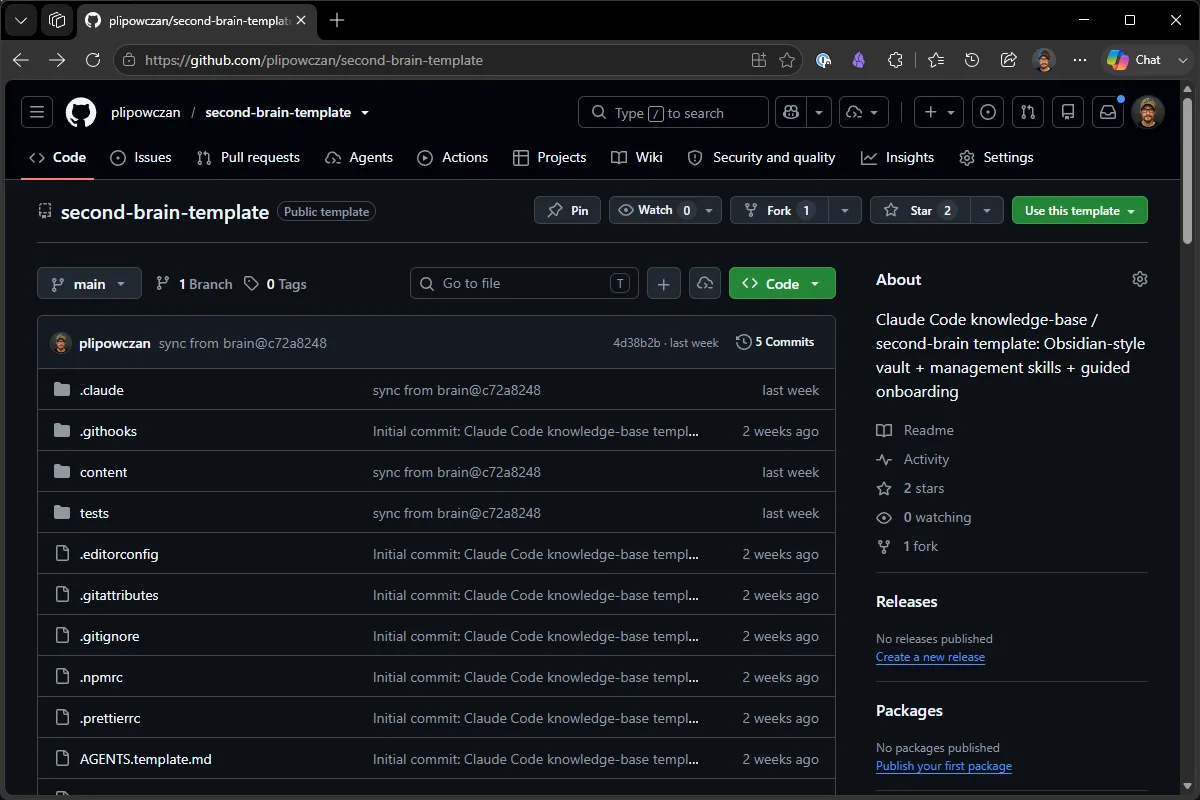 Strona szablonu second-brain-template na GitHub z przyciskiem Use this template
