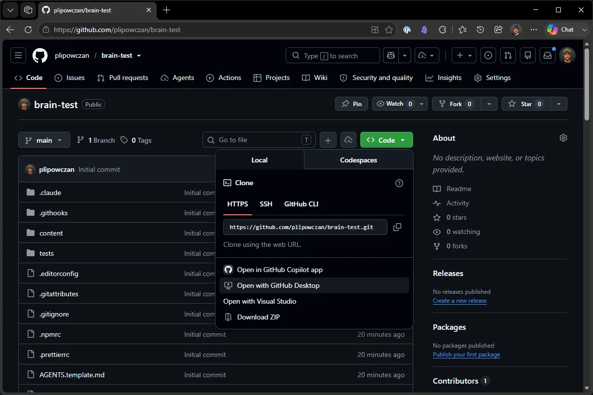 Menu Code z opcją Open with GitHub Desktop