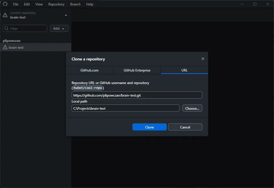 Okno Clone a repository w GitHub Desktop - URL i ścieżka lokalna