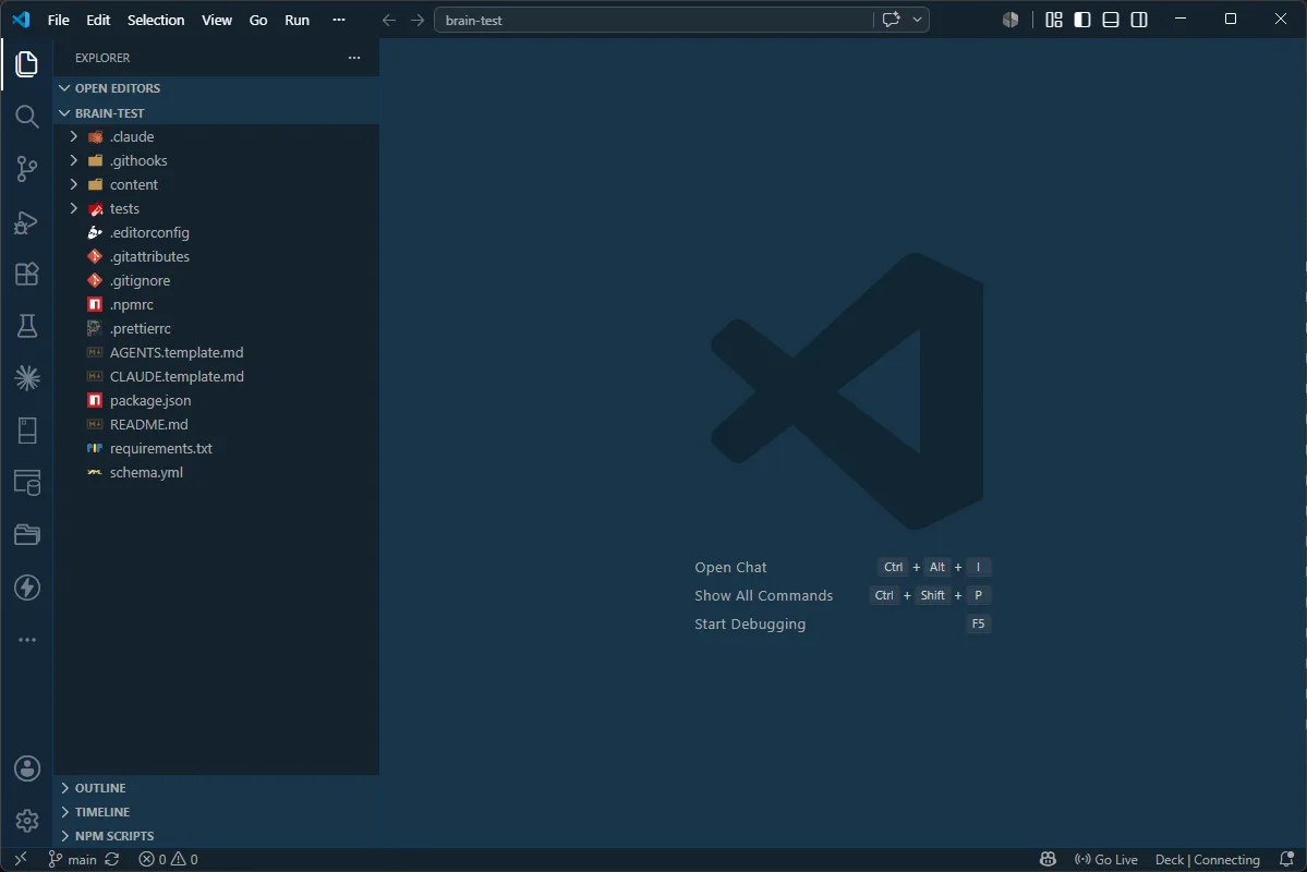 VS Code otwarty na repozytorium brain-test ze strukturą plików