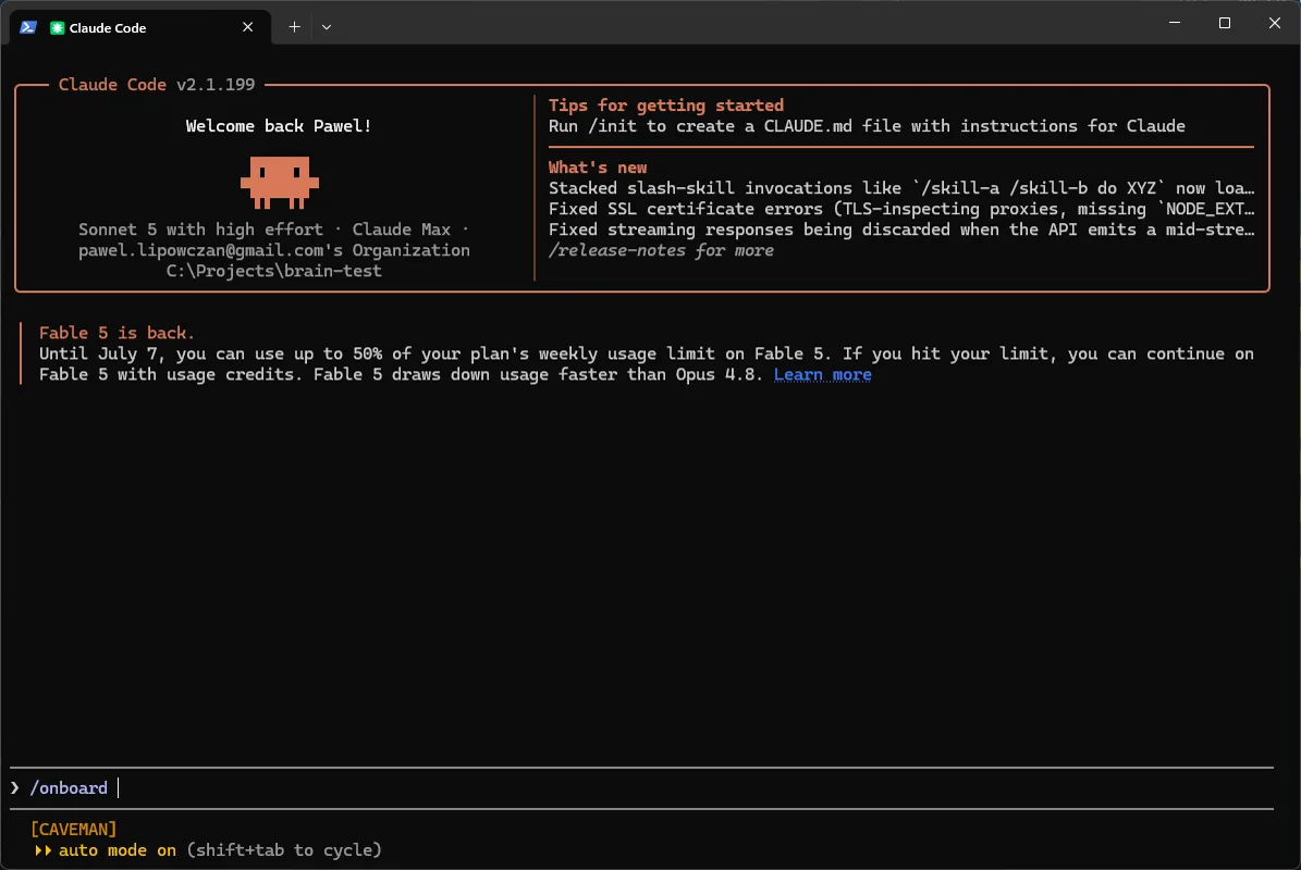 Sesja Claude Code otwarta na repo bazy (brain-test) z wpisanym /onboard