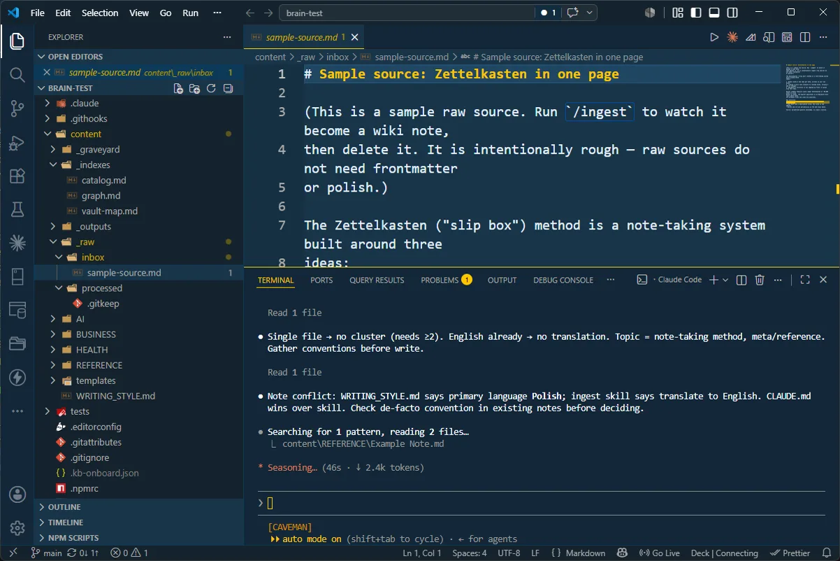 Surowe źródło (sample-source.md o Zettelkasten) i ingest w akcji: czyta plik, brak klastra, ustala temat i typ